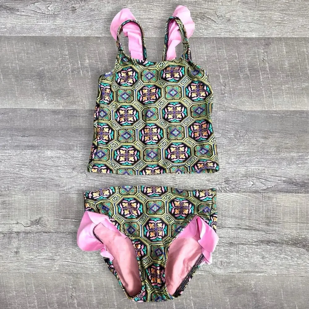 O’Neill Swimsuit 2T/3T Evelyn Two Piece Tankini Set Pink Ruffle Green Geometric